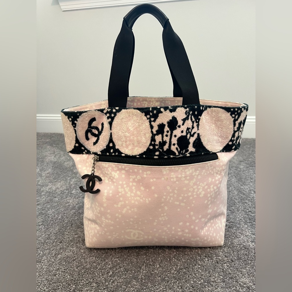 Chanel Pink x Black Terry Cloth CC Logo Tote